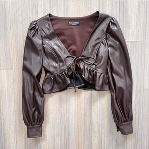 KITTENISH BY JESSIE JAMES DECKER: Brown Faux Leather Tie Front Crop Top